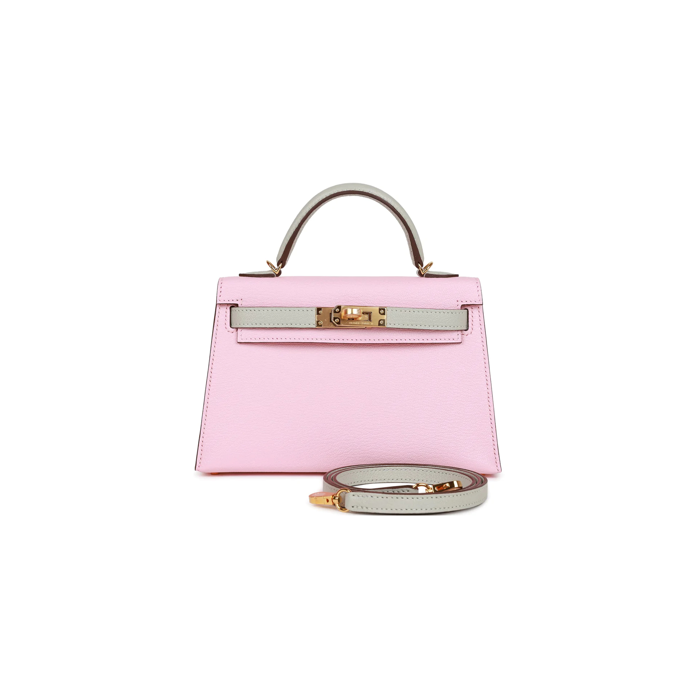 H**mes master mini kelly ii rose sakura and gris perle chevre gold hardware (19*12*5.5cm)